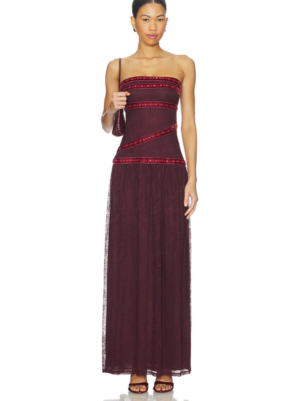 Fait Par Foutch Colette Dress Bordeaux Strapless Plum Lace Maxi ribbon Revolve S